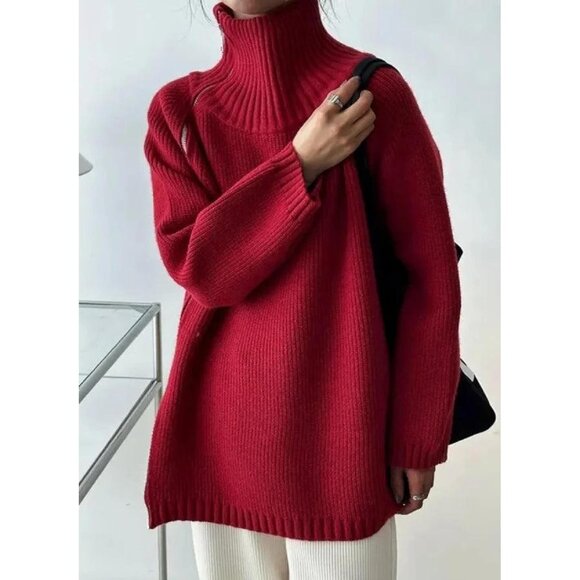 Women’s Red Oversized Turtleneck Zip Ribbed Knit Sweater Top - Picture 3 of 6